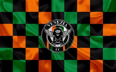 Venezia FC, 4k, logo, creative art, orange green black checkered flag, Italian football club, Serie B, emblem, silk texture, Venice, Italy, football