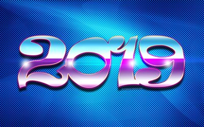 2019 year, purple digits, blue background, creative, 2019 concepts, abstract art, Happy New Year 2019