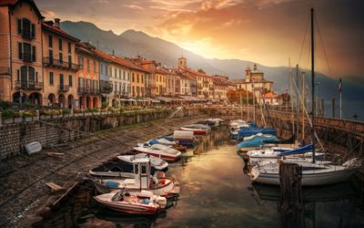 Cannobio, مساء, غروب الشمس, خليج, القوارب, منتجع, إيطاليا, بحيرة