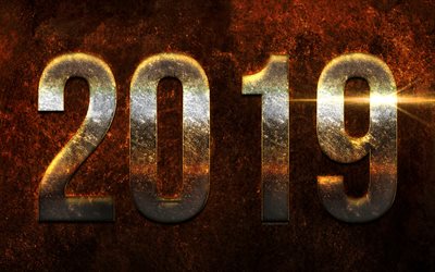2019 year, golden letters, creative brown background, glittering, Happy New Year, 2019 concepts, new 2019 year, 2019 backgrounds