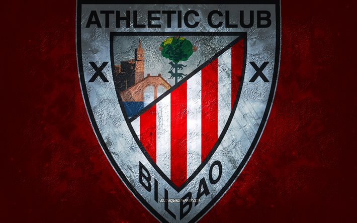 Athletic Bilbao, squadra di calcio spagnola, sfondo in pietra rossa, logo Athletic Bilbao, arte grunge, Liga, calcio, Spagna, emblema Athletic Bilbao