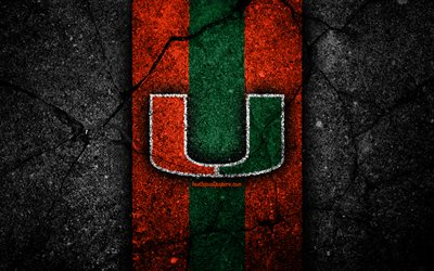 Miami Hurricanes, 4k, amerikansk fotbollslag, NCAA, orange gr&#246;n sten, USA, asfalt textur, amerikansk fotboll, Miami Hurricanes logotyp
