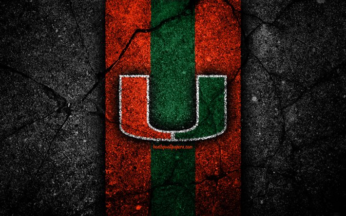 Miami Hurricanes, 4k, &#233;quipe de football am&#233;ricain, NCAA, pierre verte orange, Etats-Unis, texture d’asphalte, football am&#233;ricain, logo des Hurricanes de Miami