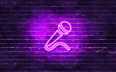 &#205;cone de neon do microfone, 4k, fundo violeta, s&#237;mbolos de neon, microfone, &#237;cones criativos, neon, sinal de microfone, sinais de m&#250;sica, &#237;cone do microfone, &#237;cones da m&#250;sica