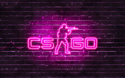 CS Go purple logo, 4k, purple brickwall, Counter-Strike, CS Go logo, 2020 games, CS Go neon logo, CS Go, Counter-Strike Global Offensive