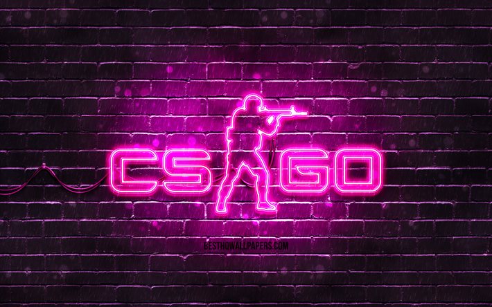 CS Go mor logo, 4k, mor brickwall, Counter-Strike, CS Go logosu, 2020 oyunları, CS Go neon logo, CS Go, Counter-Strike K&#252;resel Saldırı