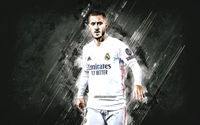Eden Hazard, Real Madrid, Belgian footballer, portrait, gray stone background, La Liga