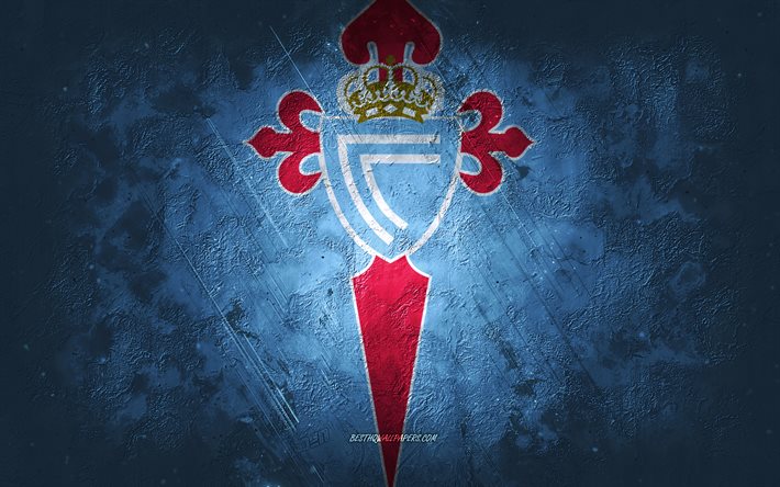 RC Celta, İspanyol futbol kul&#252;b&#252;, mavi taş arka plan, RC Celta logosu, grunge sanat, La Liga, futbol, İspanya, RC Celta de Vigo amblemi