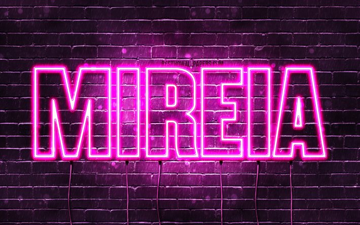 Mireia, 4k, fonds d’&#233;cran avec des noms, noms f&#233;minins, nom de Mireia, n&#233;ons violets, Happy Birthday Mireia, noms f&#233;minins espagnols populaires, photo avec le nom de Mireia