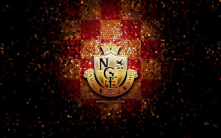 Nagoya Grampus FC, logo glitter, J1 League, sfondo a scacchi arancione rosso, calcio, squadra di calcio giapponese, logo Nagoya Grampus, arte mosaico, Nagoya Guranpasu