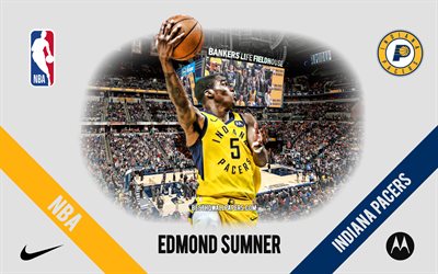 Edmond Sumner, Indiana Pacers, American Basketball Player, NBA, portrait, USA, basketball, Bankers Life Fieldhouse, Indiana Pacers logo