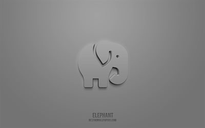 elefant 3d-symbol, grauer hintergrund, 3d-symbole, elefant, kreative 3d-kunst, elefant zeichen, tiere 3d-symbole