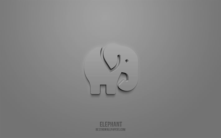 elefant 3d-symbol, grauer hintergrund, 3d-symbole, elefant, kreative 3d-kunst, elefant zeichen, tiere 3d-symbole