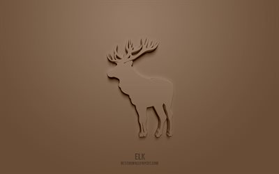 エルク 3D アイコン, 茶色の背景, 3Dシンボル, アメリカアカシカ, 創造的な3 dアート, 3D图标, エルクサイン, 動物の3Dアイコン