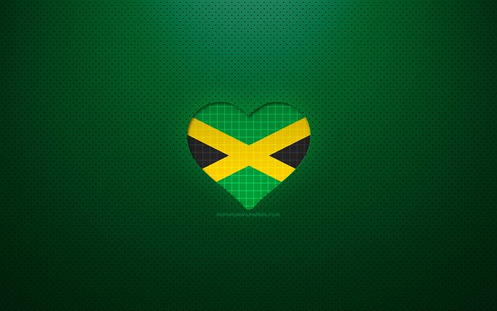 I Love Jamaica, 4k, pays d’Am&#233;rique du Nord, fond pointill&#233; vert, coeur de drapeau jama&#239;cain, Jama&#239;que, pays pr&#233;f&#233;r&#233;s, Love Jamaica, drapeau jama&#239;cain