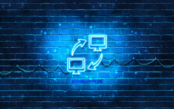 Scambio di informazioni icona neon, 4k, sfondo blu, simboli al neon, scambio di informazioni, icone al neon, segno di scambio di informazioni, segni di computer, icona scambio di informazioni, icone del computer