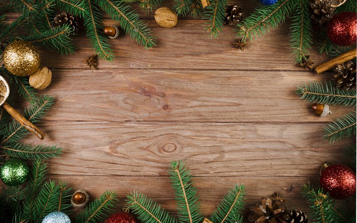 クリスマスフレーム, 木製の背景, クリスマス。, クリスマスツリーからフレーム, 木の質感