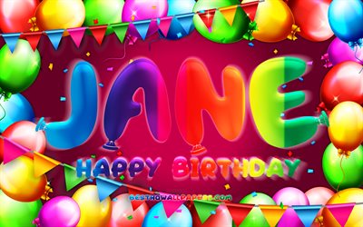 誕生日おめでとう, 4k, カラフルなバルーンフレーム, ジェーンの名前, 紫色の背景, ジェーン誕生日, 人気のアメリカ人女性の名前, 誕生日のコンセプト, ジェーン