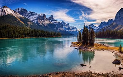 Lac Maligne, 4k, lac d&#39;eau azur, HDR, parc national Jasper, montagnes, Alberta, Canada, belle nature