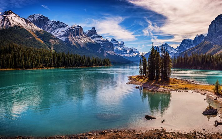 Lago Maligne, 4k, lago de &#225;gua azul, HDR, Parque Nacional Jasper, montanhas, Alberta, Canad&#225;, bela natureza