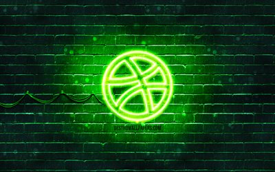 Dribbble green logo, 4k, green brickwall, Dribbble logo, sociala n&#228;tverk, Dribbble neon logo, Dribbble