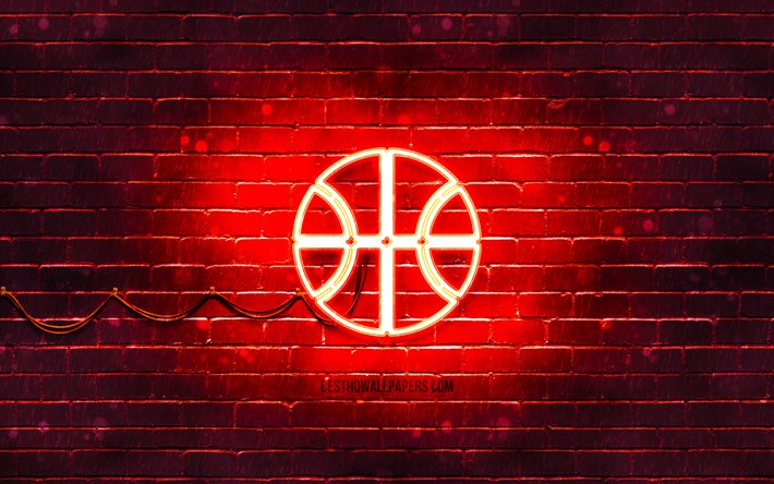 Basketbol neon simgesi, 4k, kırmızı arka plan, neon semboller, Basketbol, neon simgeler, Basketbol işareti, spor işaretleri, Basketbol simgesi, spor simgeleri
