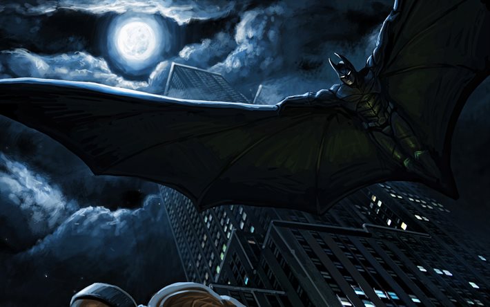 Flying Batman, night, superheroes, Marvel Comics, Batman