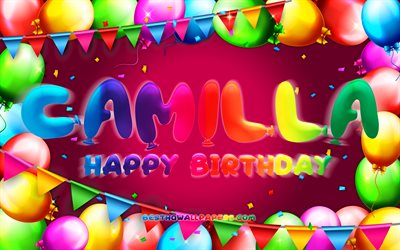 Mutlu Yıllar Camilla, 4k, renkli balon &#231;er&#231;eve, Camilla adı, mor arka plan, Camilla Mutlu Yıllar, Camilla Doğum G&#252;n&#252;, pop&#252;ler amerikan kadın isimleri, Doğum g&#252;n&#252; konsepti, Camilla