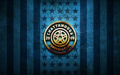 Chattanooga flag, NISA, blue metal background, american soccer club, Chattanooga logo, USA, soccer, Chattanooga FC, golden logo