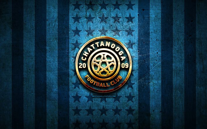 Chattanooga bayrağı, NISA, mavi metal arka plan, amerikan futbol kul&#252;b&#252;, Chattanooga logosu, ABD, futbol, Chattanooga FC, altın logo