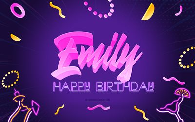 Happy Birthday Emily, 4k, Purple Party Background, Emily, creative art, Happy Emily birthday, Emily name, Emily Birthday, Birthday Party Background