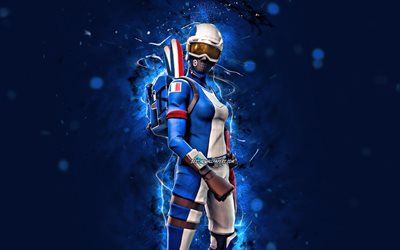 French Mogul Master, 4k, luci al neon blu, giochi 2020, Fortnite Battle Royale, personaggi di Fortnite, French Mogul Master Skin, Fortnite, French Mogul Master Fortnite