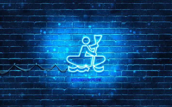 Icona al neon di kayak, 4k, sfondo blu, simboli al neon, kayak, icone al neon, segno di kayak, segnaletica sportiva, icona di kayak, icone di sport