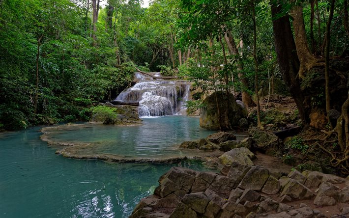 waterfall, jungle, forest, river, beautiful waterfall, Erawan National park, Erawan, Thailand