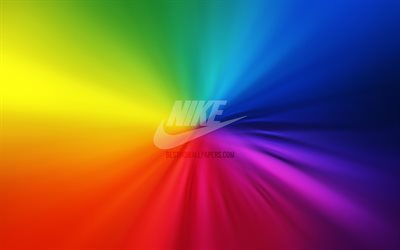 Nike-logo, 4k, py&#246;rre, sateenkaaritaustat, kuvitus, tuotemerkit, Nike