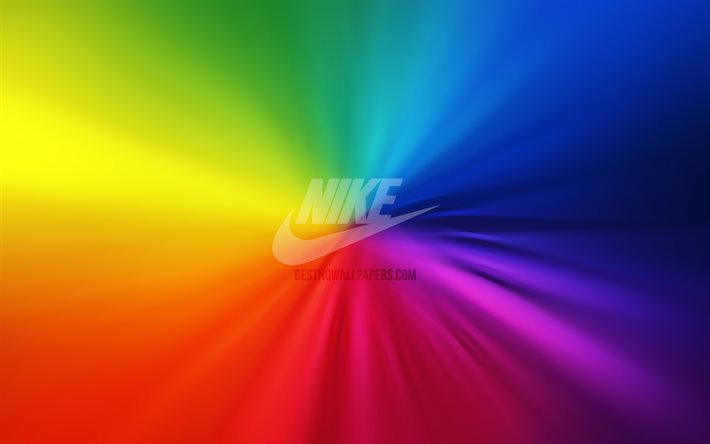 Nike logosu, 4k, girdap, g&#246;kkuşağı arka planlar, sanat eseri, markalar, Nike