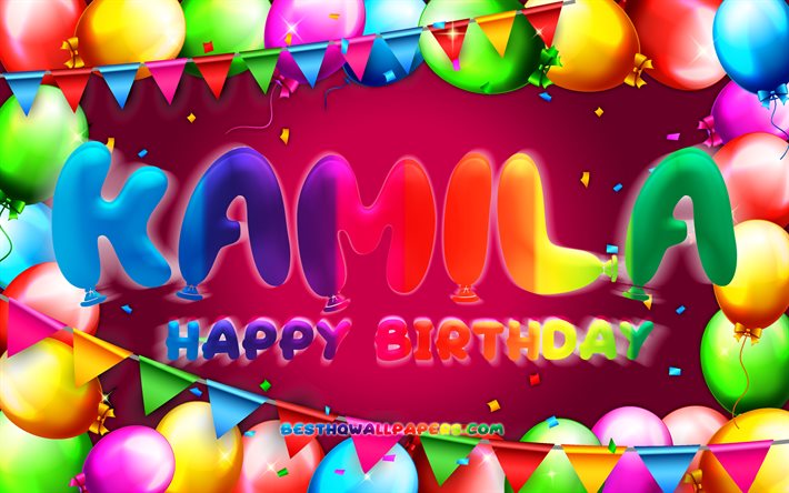 Buon compleanno Kamila, 4k, cornice palloncino colorato, nome Kamila, sfondo viola, buon compleanno Kamila, compleanno Kamila, nomi femminili americani popolari, concetto di compleanno, Kamila