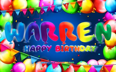 Joyeux anniversaire Warren, 4k, cadre ballon color&#233;, nom de Warren, fond bleu, Warren joyeux anniversaire, anniversaire de Warren, noms masculins am&#233;ricains populaires, concept d&#39;anniversaire, Warren