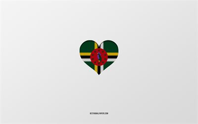 Amo Dominica, paesi del Nord America, Dominica, sfondo grigio, cuore della bandiera della Dominica, paese preferito, Love Dominica