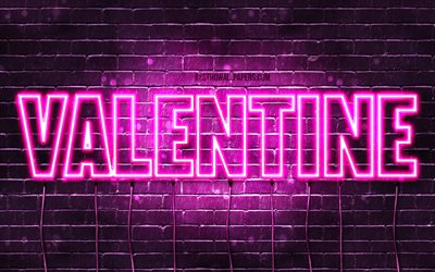 Valentine, 4k, bakgrundsbilder med namn, kvinnliga namn, Valentine-namn, lila neonljus, Happy Birthday Valentine, popul&#228;ra franska kvinnliga namn, bild med Valentine-namn