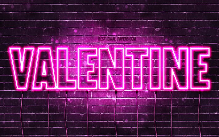 Valentine, 4k, wallpapers with names, female names, Valentine name, purple neon lights, Happy Birthday Valentine, popular french female names, picture with Valentine name