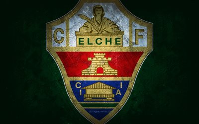Elche CF, Spanish football club, green stone background, Elche CF logo, grunge art, La Liga, football, Spain, Elche CF emblem