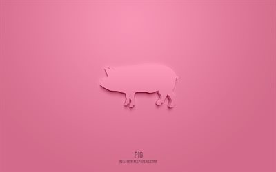 schwein 3d-symbol, rosa hintergrund, 3d-symbole, schwein, kreative 3d-kunst, schwein 3d-zeichen, farm 3d-symbole