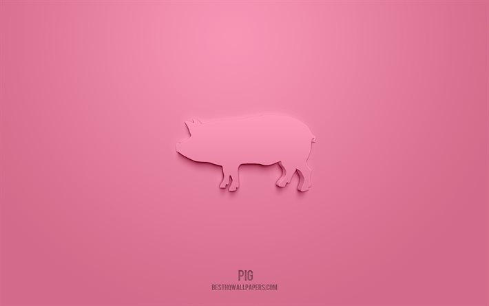 Icono de cerdo 3d, fondo rosa, s&#237;mbolos 3d, cerdo, arte 3d creativo, iconos 3d, signo de cerdo 3d, iconos de granja 3d