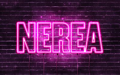Nerea, 4k, bakgrundsbilder med namn, kvinnliga namn, Nerea namn, lila neonljus, Grattis p&#229; f&#246;delsedagen Nerea, popul&#228;ra spanska kvinnliga namn, bild med Nerea namn
