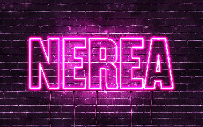 Nerea, 4k, fonds d'écran avec des noms, des noms féminins, nom de Nerea, néons violets, joyeux anniversaire Nerea, noms féminins espagnols populaires, photo avec le nom de Nerea