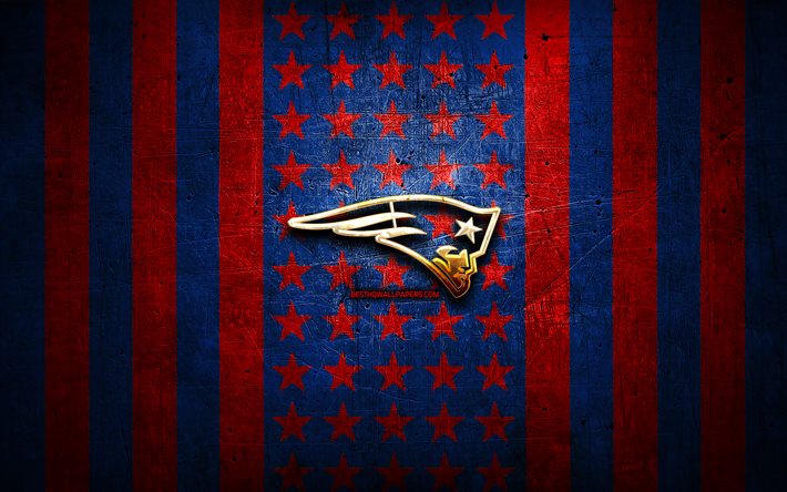 New England Patriots flag, NFL, blue red metal background, american football team, New England Patriots logo, USA, american football, golden logo, New England Patriots