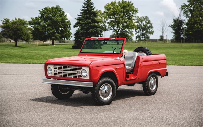 Ford Bronco, 1966, exterior, red pickup truck, retro cars, red Bronco, american cars, Ford