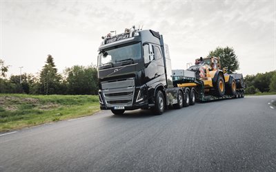 Volvo FH16, wheel loader transportation, delivery, construction machinery, Volvo wheel loader, Volvo