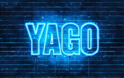 Yago, 4k, fonds d&#39;&#233;cran avec des noms, nom Yago, n&#233;ons bleus, joyeux anniversaire Yago, noms masculins espagnols populaires, photo avec le nom Yago